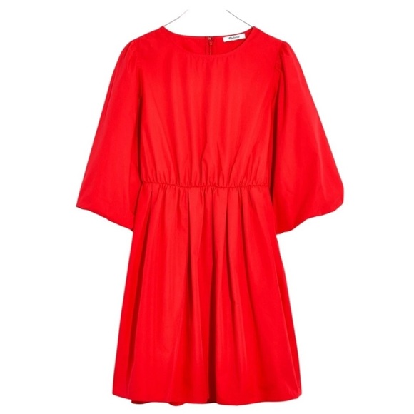 Madewell Poplin Cotton Crewneck Bubble Short Sleeve Mini A-line Dress Sz 6 Red - Picture 2 of 16